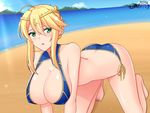  1girl ahoge all_fours artoria_pendragon_(all) artoria_pendragon_(lancer) ass beach bikini blonde_hair blush breasts bushes butt_crack cleavage erect_nipples erect_nipples_under_clothes fate/grand_order fate_(series) female green_eyes lips long_hair looking_at_viewer nipples outdoors ppshex sidelocks signature solo swimsuit thighhighs 