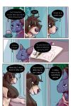 bastriw beverage blush brown_eyes canid canine canis clothing coffee comic dialogue domestic_cat domestic_dog felid feline felis fernando_(bastriw) furniture hi_res male mammal notebook pato_(bastriw) purple_eyes table text