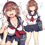  1boy 1girl absurdres bag breasts brown_hair cleavage hair_between_eyes hairband highres kantai_collection kuromayu large_breasts multiple_views neckerchief open_mouth orange_eyes pleated_skirt red_hairband red_neckerchief sailor_collar school_bag school_uniform serafuku shiratsuyu_(kancolle) shirt short_hair short_sleeves simple_background skirt solo_focus translation_request white_background white_shirt 