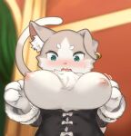 absurd_res anthro areola biped blurred_background blush breasts clothing felid feline felis female frown fur grey_body grey_fur hi_res mammal nipples puck_(re:zero) re:zero tail white_body white_fur xux_(artist)