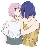  2girls atenaba bare_arms bare_shoulders blue_eyes blue_hair dress grey_skirt hand_on_another&#039;s_face hand_on_another&#039;s_shoulder highres kaf_(kamitsubaki_studio) kamitsubaki_studio looking_at_another multicolored_hair multiple_girls parted_lips pink_hair red_hair rim_(kamitsubaki_studio) shirt shirt_tucked_in short_hair short_sleeves simple_background skirt strapless strapless_dress streaked_hair white_background white_shirt yellow_dress yellow_pupils yuri 
