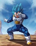  1boy blue_bodysuit blue_eyes blue_hair blue_sky bodysuit boots closed_mouth cloud day dragon_ball dragon_ball_super fighting_stance full_body gloves looking_at_viewer male_focus outdoors rom_(20) saiyan_armor sky smile solo standing super_saiyan super_saiyan_blue vegeta white_footwear white_gloves 