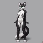 ai_assisted among_us anthro athletic black_and_white_fur breasts female genitals green_eyes grey_background grey_nipples hi_res innersloth medium_breasts nipples nude pussy simple_background solo