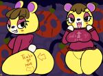 animal_crossing anthro bear bedroom_eyes body_writing bottomless clenched_teeth clothed clothing erect_nipples female genitals half-closed_eyes heart_eyes heart_symbol klutzatdusk looking_at_viewer looking_back makeup mammal narrowed_eyes nintendo nipples no_underwear pussy seductive short_stack sitting solo sweater tammy_(animal_crossing) teeth tongue tongue_out topwear