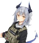  1girl :&lt; arknights black_horns black_jacket blue_tail bulletproof_vest character_name closed_mouth clothes_writing clov3r commentary_request dragon_girl dragon_horns dragon_tail grey_hair horns jacket korean_commentary liskarm_(arknights) looking_at_viewer medium_hair orange_eyes pouch radio simple_background sleeves_pushed_up solo tail tail_raised upper_body white_background 