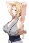  1girl ai-generated armpits blonde_hair breasts brown_eyes facial_mark forehead_mark highres huge_breasts japanese_clothes kimono low_twintails mature_female naruto naruto_(series) shirt sleeveless sleeveless_shirt tsunade_(naruto) twintails yabe 