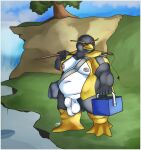animal_crossing anthro avian balls belly big_balls bird bottomless box clothed clothing container crested_penguin fishing_rod flaccid foreskin frown fupa genitals hi_res hopper_(animal_crossing) humanoid_genitalia humanoid_penis jacket jacket_only krowbutt lake looking_away male moobs navel nintendo nipples open_clothing open_jacket open_topwear outside overweight overweight_anthro overweight_male penguin penis plant rockhopper_penguin saggy_balls satchel solo standing topwear tree water waterfall