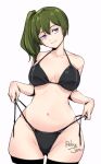  1girl artist_name bikini black_bikini breasts collarbone green_hair highres medium_breasts navel purple_eyes relaxjon side-tie_bikini_bottom side_ponytail solo sousou_no_frieren swimsuit ubel_(sousou_no_frieren) white_background wide_hips 