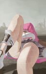  1girl absurdres blurry blurry_background blurry_foreground boots breasts crop_top english_commentary fishnets goddess_of_victory:_nikke grey_skirt highres jacket knee_up large_breasts lying midfinger on_back pink_jacket rubble ruins skirt solo thighs viper_(nikke) white_footwear 
