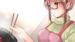  apron breasts brown_eyes chopsticks commentary_request cooking dutch_angle fanged_bangs frying_pan glasses highres holding holding_chopsticks light_blush miracle_hoshi original pink_apron ribbed_sweater sauce steam sweater turtleneck turtleneck_sweater yellow_eyes 