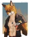 absurd_res alcohol anthro arm_tuft aviator_glasses belly_tuft beverage bottomwear brown_body brown_fur canid canine carlosjarlos chest_fur chest_tuft clothed clothing collared_shirt dipstick_arms dipstick_ears doppelfoxx elbow_tuft eyebrows eyewear fox fur glass glasses hair head_tuft hi_res ice_cube jakkals_van_der_bergh_(doppelfoxx) jewelry looking_at_viewer male mammal multicolored_ears neck_tuft necklace open_clothing open_shirt open_topwear orange_body orange_eyes orange_fur pants shirt signature simple_background sky smile smirk solo sunglasses sunset teeth topwear tuft umbrella_drink unbuttoned_shirt whiskers white_background white_body white_fur wristband