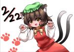  1girl :d animal_ear_fluff animal_ear_piercing animal_ears blush bow bowtie breasts cat_ears cat_tail chen commentary_request dated earrings eyes_visible_through_hair fang fingernails frills fuuren_udon gold_trim green_headwear hands_up hat jewelry long_sleeves looking_at_viewer mob_cap multiple_tails nail_polish nekomata open_mouth paw_pose paw_print paw_print_background puffy_long_sleeves puffy_sleeves red_nails red_skirt red_vest sharp_fingernails simple_background single_earring skirt skirt_set small_breasts smile solo tail touhou two_tails vest white_background white_bow white_bowtie 