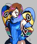  1girl alternate_costume antennae blue_leotard blue_lips breasts brown_hair covered_navel duckpasta elbow_gloves fairy fur_trim gloves hands_on_own_hips highres insect_wings leotard lipstick makeup medium_breasts moth_antennae moth_wings mothman_(megami_tensei) neck_fur pixie_(megami_tensei) pointy_ears red_eyes shin_megami_tensei short_hair signature simple_background solo wings 