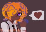  1girl artist_name black_necktie collared_shirt dark-skinned_female dark_skin hair_over_one_eye heart highres literallybreadsticks looking_at_viewer multicolored_hair necktie octoling orange_hair purple_eyes shirt smile solo splatoon_(series) splatoon_3 spoken_heart suspenders tao_blu_(splatoon) white_shirt 