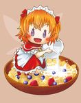  ascot blue_eyes blueberry blush bowl capelet cereal chamaji eyebrows_visible_through_hair fairy_wings fang food fruit headdress highres kneeling open_mouth orange_hair pitcher pouring raspberry short_hair short_sleeves simple_background skirt solo sunny_milk touhou wings 