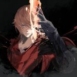  1boy black_background black_gloves black_jacket blue_eyes cloak closed_mouth cofffee final_fantasy final_fantasy_xvi gloves hair_between_eyes hand_up jacket joshua_rosfield light_brown_hair long_sleeves looking_at_viewer magic male_focus red_cloak short_hair solo upper_body 