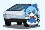  1girl blue_bow blue_dress blue_eyes blue_hair blush_stickers bow c: car cirno commentary_request detached_wings dress fairy_wings full_body fumo_(doll) hair_bow hand_on_own_hip highres ice ice_wings koumakanbomb leaning_on_object looking_at_viewer motor_vehicle simple_background smile solo standing tesla_cybertruck touhou v-shaped_eyebrows white_background wings 