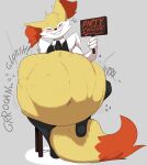 abdominal_bulge anthro blush braixen canid canine english_text eyes_closed fox fur generation_6_pokemon hi_res inky_entropy inner_ear_fluff male mammal nintendo pokemon pokemon_(species) rumbling_stomach sitting smile solo text tuft vore yellow_body yellow_fur