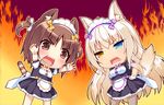  animal_ears apron azuki_(sayori) bicolored_eyes blonde_hair bow brown_eyes brown_hair catgirl chibi coconut_(sayori) fire game_cg headdress long_hair maid nekopara ribbons sayori short_hair tail twintails wristwear 