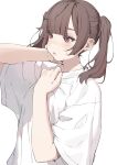  1girl blush brown_hair daluto_(hitomi555) highres looking_to_the_side medium_hair original pink_eyes shirt simple_background sketch solo sweat twintails upper_body white_background white_shirt 