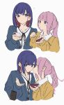  2girls atenaba black_ribbon blue_cardigan blue_hair blush cardigan cellphone closed_mouth collared_shirt colored_inner_hair dropping highres holding holding_phone kaf_(kamitsubaki_studio) kamitsubaki_studio kiss kissing_cheek medium_hair multicolored_hair multiple_girls neck_ribbon phone pink_hair ponytail red_hair ribbon rim_(kamitsubaki_studio) shirt simple_background smartphone sweater upper_body white_background white_shirt yellow_eyes yellow_sweater 