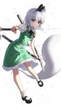  1girl absurdres black_bow black_bowtie black_footwear black_hairband black_ribbon blue_eyes bow bowtie dress dual_wielding frilled_dress frills ghost_tail green_dress grey_hair hairband highres holding holding_sword holding_weapon kano_(kano4) katana konpaku_youmu konpaku_youmu_(ghost) looking_at_viewer mary_janes puffy_sleeves ribbon shirt shoes short_hair short_sleeves simple_background sleeveless sleeveless_dress socks standing standing_on_one_leg sword touhou v-shaped_eyebrows weapon white_background white_shirt white_socks 