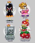  4girls ballooncar black_skin blush_stickers bullet_bill character_name clenched_hands dress elbow_gloves finger_to_mouth flying_sweatdrops fur_trim gem gloves green_skin grey_background grey_skin hair_over_eyes highres mario_(series) multiple_girls new_super_mario_bros._u_deluxe nintendo piranha_plant puffy_short_sleeves puffy_sleeves sharp_teeth short_sleeves shy_guy simple_background super_crown teeth thwomp 