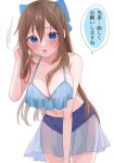  1girl adjusting_hair bikini blue_bikini blue_bow blue_eyes blush bow breasts brown_hair cleavage collarbone commentary_request frilled_bikini frills furrowed_brow hair_between_eyes hair_bow highres large_breasts leaning_forward long_hair looking_at_viewer love_live! love_live!_nijigasaki_high_school_idol_club midriff navel open_mouth osora_dao ousaka_shizuku sidelocks solo speech_bubble swimsuit translation_request upper_body white_background 