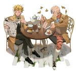  2boys alternate_costume animal_print belt black_footwear black_necktie black_suit blonde_hair braid braided_ponytail brick brown_coat cake cake_slice chair clip_studio_paint_(medium) coat crossed_legs cup earrings food fork full_body giorno_giovanna grey_eyes guido_mista haembokke8_8 hair_over_shoulder hat highres holding holding_cup holding_fork holding_newspaper jewelry jojo_no_kimyou_na_bouken long_hair making-of_available male_focus midriff multiple_boys necktie newspaper open_mouth outdoors plate pudding reading sex_pistols_(stand) simple_background sitting spill spoon stud_earrings suit surprised sweatdrop table tea teapot tiger_print vento_aureo white_background white_footwear wide-eyed 