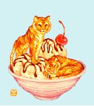 ambiguous_gender cc-by-nc-nd cherry creative_commons dessert digital_media_(artwork) duo eyes_closed felid feral food fruit fur ice_cream low_res mammal moawling pantherine pixel_(artwork) plant quadruped striped_body striped_fur stripes tiger
