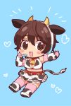  1girl animal_ears animal_print bell black_footwear black_skirt blue_background blush_stickers breasts brown_eyes brown_hair chibi collar commentary cow_ears cow_horns cow_print cow_tail cowbell fake_animal_ears fake_horns full_body gloves hair_between_eyes headset heart heart_background highres horns idolmaster idolmaster_cinderella_girls idolmaster_cinderella_girls_starlight_stage james_(jms-pnt) large_breasts looking_at_viewer navel neck_bell no_nose oikawa_shizuku open_mouth outstretched_arm pink_gloves pink_thighhighs red_collar short_hair simple_background skirt smile solo tail thighhighs white_skirt 