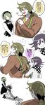  ! 1girl 2boys apron black_dress black_gloves bow checkered_scarf danganronpa dress eyebrows gloves gokuhara_gonta green_hair group happy headdress maid maid_headdress matching_hair/eyes multiple_boys necktie new_danganronpa_v3 open_mouth ouma_kokichi ponytail purple_eyes purple_hair scarf shirt smile straitjacket suit suurin_(ksyaro) tie tied_hair toujou_kirumi trio white_shirt 