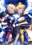  absurdres ahoge armor armored_dress artoria_pendragon_(all) artoria_pendragon_(swimsuit_rider_alter) avalon_(fate/stay_night) bird black_gloves black_jacket blonde_hair blue_eyes braid breasts closed_mouth coat commentary crown dark_excalibur dark_persona excalibur eye_contact falling_feathers fate/grand_order fate/stay_night fate_(series) faulds feathers french_braid frilled_bikini_top fur-trimmed_coat fur_trim gauntlets glint gloves hair_between_eyes hair_bun hair_ribbon hands_on_hilt highres hood hoodie jacket kyjsogom looking_at_another maid_headdress multiple_girls navel open_clothes open_hoodie ribbon saber saber_alter seagull sheath sheathed small_breasts sword tiara watermark weapon web_address yellow_eyes 