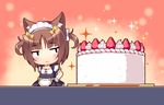  animal_ears apron azuki_(sayori) blush brown_hair cake catgirl chibi food fruit game_cg maid nekopara ribbons sayori short_hair strawberry twintails wristwear 