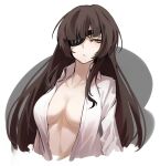  1girl absurdres breasts brown_hair closed_mouth collarbone collared_shirt commentary counter:side cropped_torso dress_shirt eyepatch green_eyes grey_background highres large_breasts lee_jisoo light_blush linea_alba long_hair long_sleeves looking_at_viewer naked_shirt one_eye_covered open_clothes open_shirt shirt simple_background solo white_background white_shirt wing_collar zanlyu 