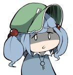  0_0 1girl blue_hair blue_shirt cabbie_hat collar collared_shirt commentary_request deformed flanvia green_headwear hair_bobbles hair_ornament hat jewelry kawashiro_nitori key key_necklace long_hair looking_ahead low_twintails necklace open_mouth shaded_face shirt simple_background solo touhou twintails white_background white_collar 