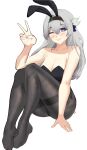  1girl absurdres animal_ears bare_arms bare_shoulders black_hairband black_leotard black_pantyhose blush breasts cleavage commentary fake_animal_ears firefly_(honkai:_star_rail) grey_hair grin hairband highres honkai:_star_rail honkai_(series) kagurachi knees_up leotard long_hair looking_at_viewer medium_breasts one_eye_closed pantyhose playboy_bunny purple_eyes rabbit_ears revision simple_background sitting smile solo strapless strapless_leotard thighband_pantyhose thighs very_long_hair white_background 