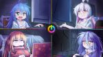  4girls :&lt; :3 :d ahoge bags_under_eyes blonde_hair blue_hair chair cola colored_inner_hair commentary computer controller crossover english_commentary gabriel_dropout gabriel_tenma_white game_controller gaming_chair green_eyes grey_eyes grey_hair grin hair_between_eyes headphones highres indoors izumi_konata jacket keyboard_(computer) laptop light_particles long_hair lucky_star messy_hair mole mole_under_eye monitor multicolored_hair multiple_crossover multiple_girls night no_game_no_life o3o off_shoulder onii-chan_wa_oshimai! open_mouth orange_eyes oversized_clothes oversized_shirt oyama_mahiro pink_hair power_symbol rion_(user_ufvg8527) school_uniform serafuku shiro_(no_game_no_life) shirt smile star_(symbol) star_print swivel_chair t-shirt track_jacket trait_connection two-tone_hair white_shirt yellow_eyes 