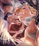  armlet bikini black_feathers blonde_hair clothing duo feathered_wings feathers female gemini_(symbol) gemini_(zodiac) hair humanoid invalid_color jewelry loincloth midriff necklace not_furry pointy_ears sakimichan swimsuit white_feathers winged_humanoid wings 