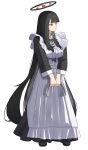 1girl absurdres alternate_costume apron bad_id bad_pixiv_id black_dress black_hair blue_archive blunt_bangs breasts commentary dress enmaided halo highres large_breasts long_hair looking_to_the_side maid rio_(blue_archive) simple_background solo straight_hair talo_(63078778) very_long_hair white_apron white_background 