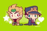  2boys black_hair blonde_hair blue_coat blue_headwear blue_pants chibi chibi_only coat dio_brando full_body green_background green_eyes hat heart jacket jojo_no_kimyou_na_bouken kotorai kujo_jotaro male_focus multiple_boys pants purple_shirt red_eyes shirt short_hair signature sleeves_past_fingers sleeves_past_wrists yellow_jacket 