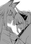  2girls angry animal_ear_fluff animal_ears arknights clip_studio_paint_(medium) close-up collared_shirt commentary dragon_girl dragon_horns fox_ears fox_girl franka_(arknights) greyscale halftone haruichi_(sazanami_complex) high_collar highres horns jacket liskarm_(arknights) long_sleeves looking_at_another making-of_available monochrome multiple_girls open_mouth profile serious shirt shirt_grab short_hair simple_background split_mouth symbol-only_commentary upper_body watch white_background wristwatch 