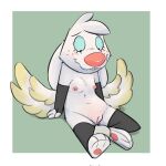 1:1 angel_gabby angel_hare anthro armwear blue_eyes blush breasts clothing feathered_wings feathers female genitals hi_res honeymono hybrid lagomorph leggings legwear leporid looking_down mammal nipples pussy rabbit simple_background sitting small_breasts smile solo wings