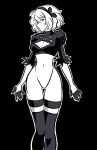 1girl 2b_(nier:automata) :| breasts cleavage cleavage_cutout closed_mouth clothing_cutout commentary covered_navel cropped_shirt english_commentary expressionless feet_out_of_frame gloves greyscale hairband half_gloves highleg highleg_leotard highres johncaden juliet_sleeves large_breasts legs_together leotard long_sleeves looking_at_viewer mole mole_under_mouth monochrome nier:automata nier_(series) outline profile puffy_sleeves short_hair sidelocks sideways_glance solo thigh_gap thighhighs 