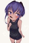  bad_perspective bangs bare_shoulders black_hairband black_legwear blush commentary_request dress fate/prototype fate/prototype:_fragments_of_blue_and_silver fate_(series) food hair_between_eyes hairband hassan_of_serenity_(fate) highres monobe_tsukuri pocky purple_eyes purple_hair short_hair sidelocks sweater sweater_dress sweater_vest 