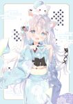  1girl :d animal animal_ear_fluff animal_ears animal_on_head beret black_ribbon blue_bow blue_headwear blue_kimono bow cat cat_ears cat_girl cat_tail commentary_request commission egasumi feathered_wings hair_bow hair_ornament hands_up hat heart heart_hands indie_virtual_youtuber japanese_clothes kimono long_sleeves mini_wings obi on_head ribbon sash skeb_commission smile solo sorashi_purumu tail tail_ornament tail_ribbon virtual_youtuber white_background white_cat white_wings wide_sleeves wing_hair_ornament wings x_hair_ornament yuizaki_kazuya 