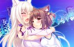  2girls animal_ears azuki_(sayori) blonde_hair blush brown_eyes brown_hair building cat_smile catgirl city coconut_(sayori) collar game_cg hug long_hair nekopara night sayori short_hair tears 