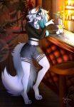 alcohol bar beverage blue_lips bottomwear breasts canid canine canis casual_outfit cleavage clothed clothing domestic_dog female fur grey_body grey_fur hi_res jewelry kerris_doka lips mammal mature_female necklace paws poppypoco shorts solo teasing yellow_eyes