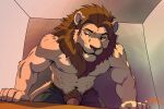 anthro body_hair clothed clothing erection felid feline felis franklyfurry fur furniture genitals hair happy_trail hi_res leaning leaning_forward lion looking_back male mammal muscular muscular_male nipples pantherine penis pubes simple_background smile solo table tail ych_(character)