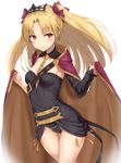  &gt;:) bangs blonde_hair blush cape commentary_request earrings ereshkigal_(fate/grand_order) fate/grand_order fate_(series) hair_ribbon highres jewelry long_hair looking_at_viewer parted_bangs red_cape red_eyes red_ribbon reinama ribbon skull solo spine tiara two_side_up v-shaped_eyebrows white_background 